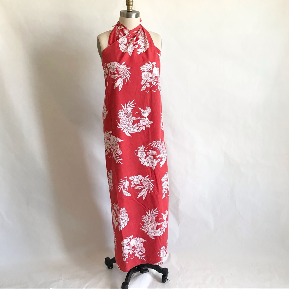 HILO HATTIES |  Maxi Halter Sarong Dress Coverup Red Hawaiian Vintage 50s Vibe